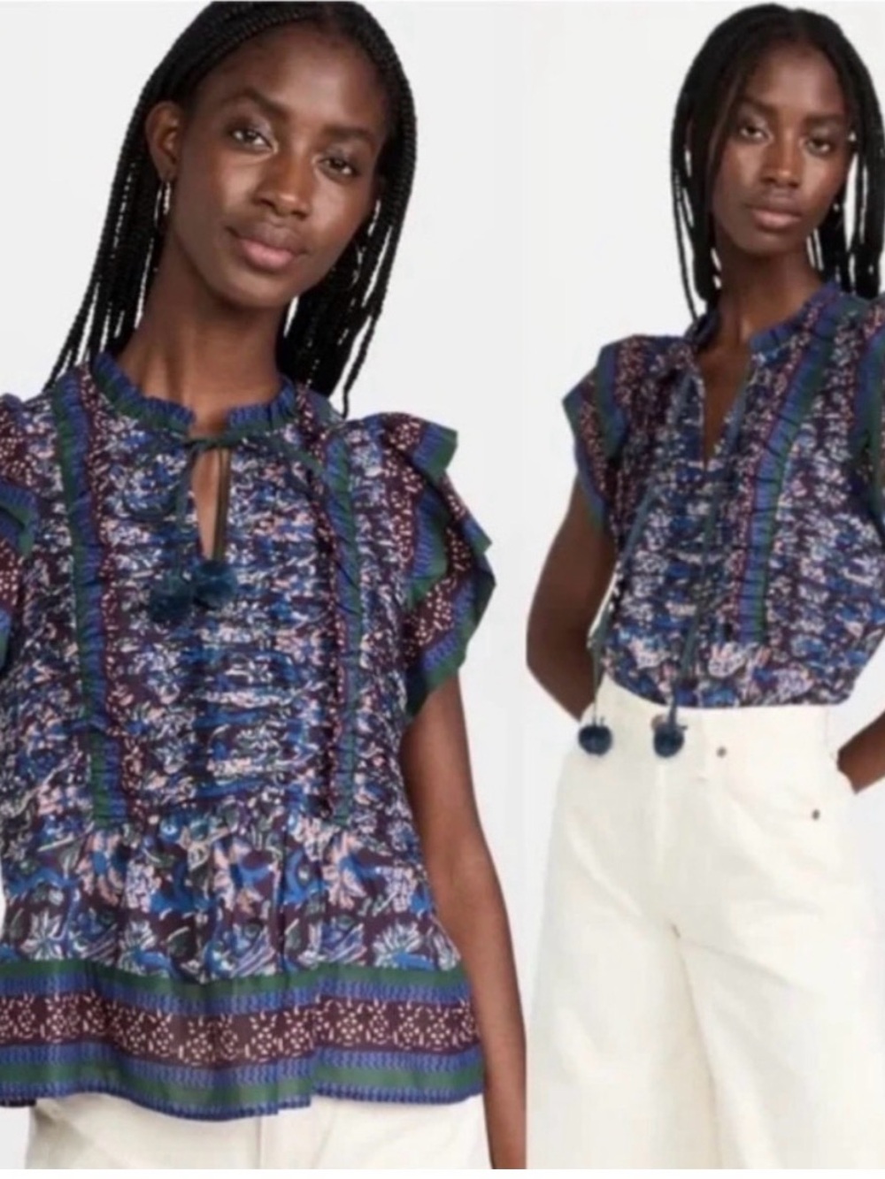 Sea New York Noah Printed Ruffle V-Neck Blouse Purple Green XS